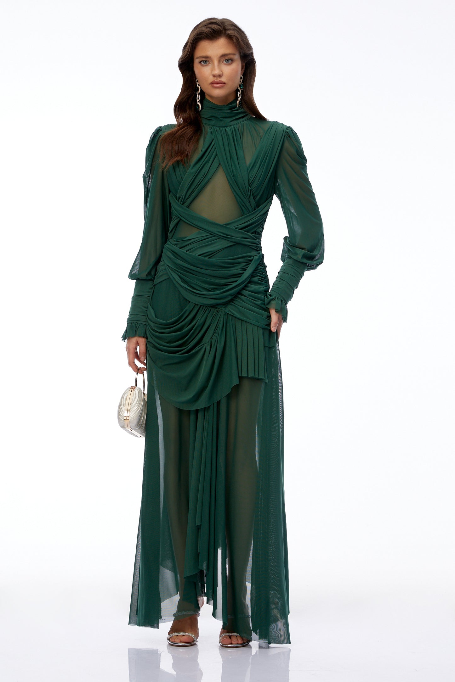 Wania Dark Green Cross Front Ruched Maxi Dress