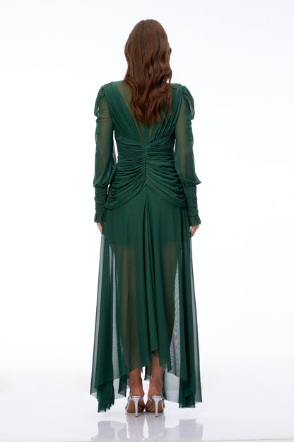 Wania Dark Green Cross Front Ruched Maxi Dress