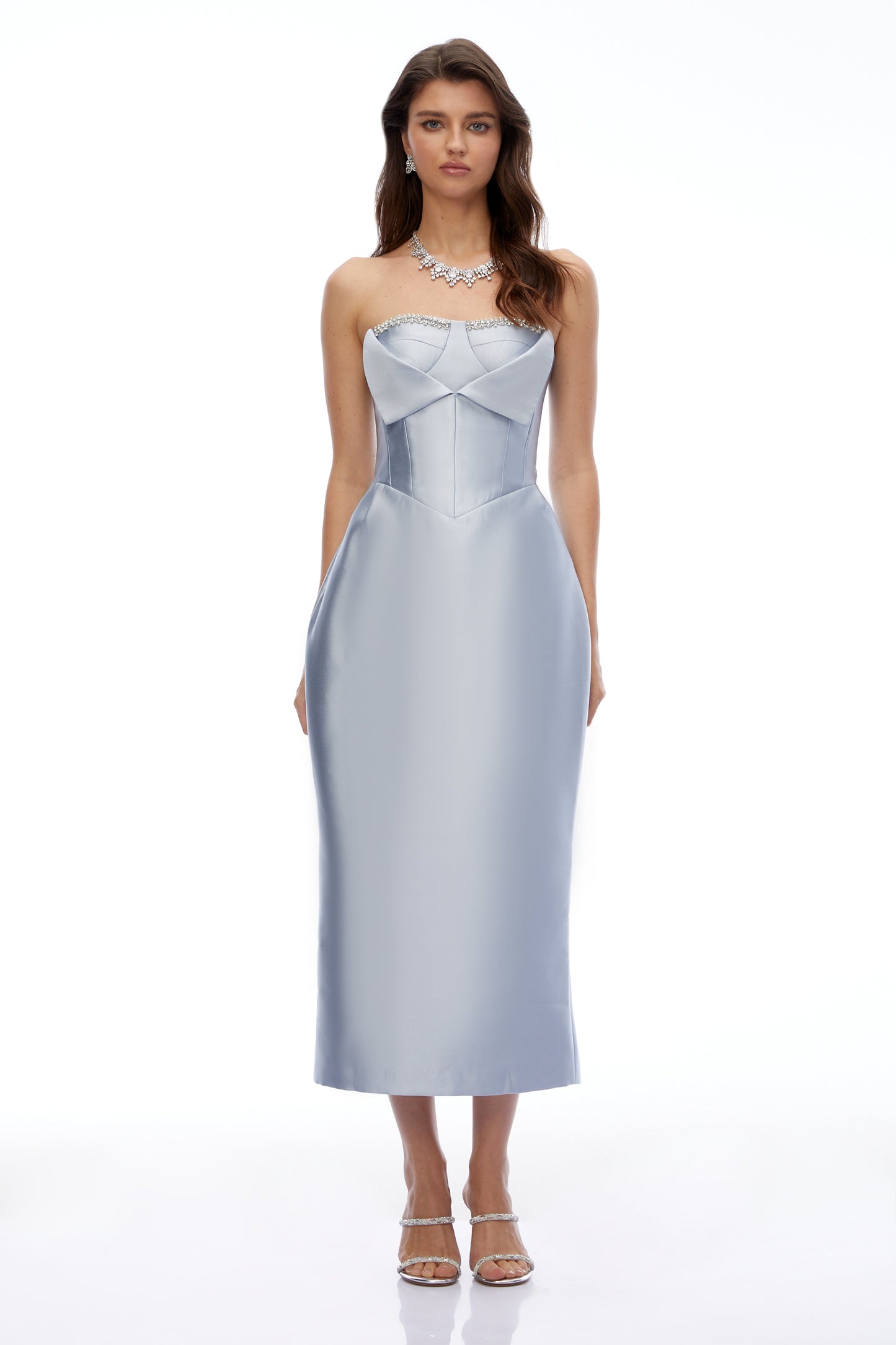 Waverly Blue Off Shoulder Rhinestone Midi Dress