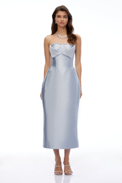 Waverly Blue Off Shoulder Rhinestone Midi Dress