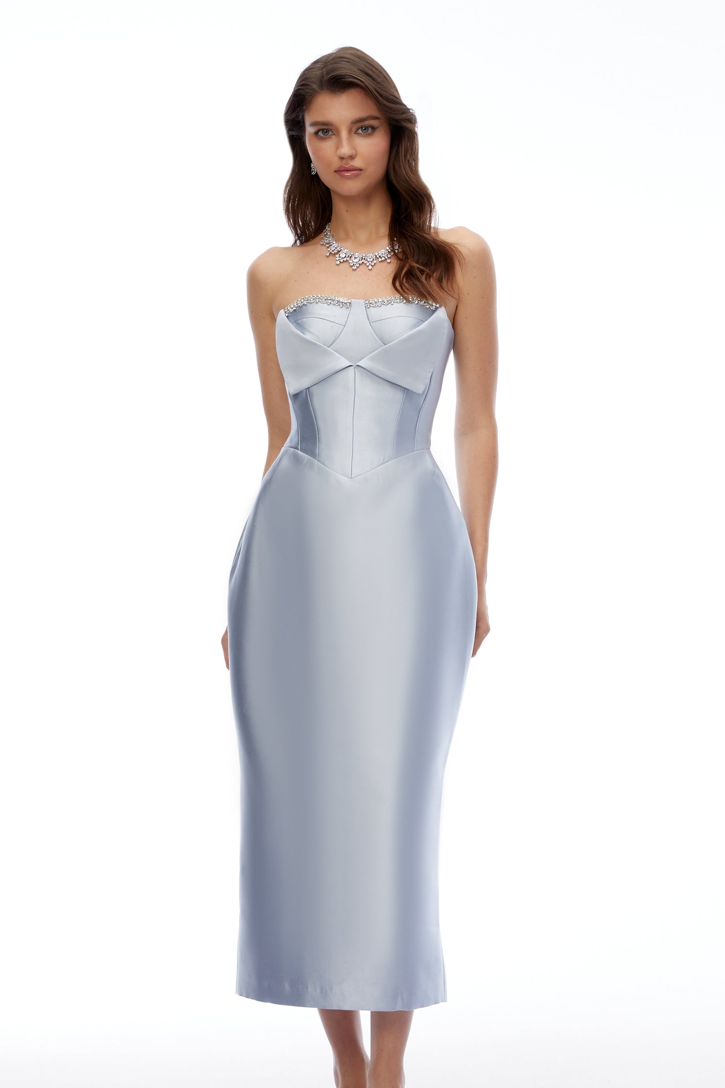 Waverly Blue Off Shoulder Rhinestone Midi Dress