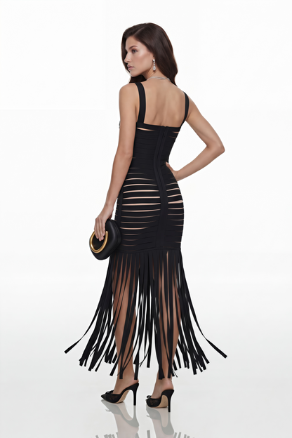 Whitney Siyah Püsküllü Cut-Out Maxi Elbise