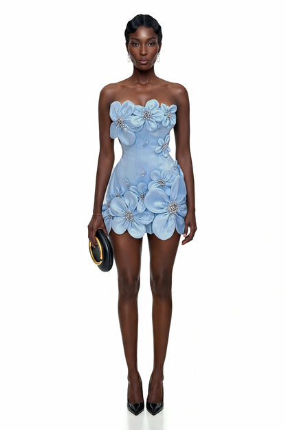Widaad Blue Off Shoulder Mini Dress with 3D Petals
