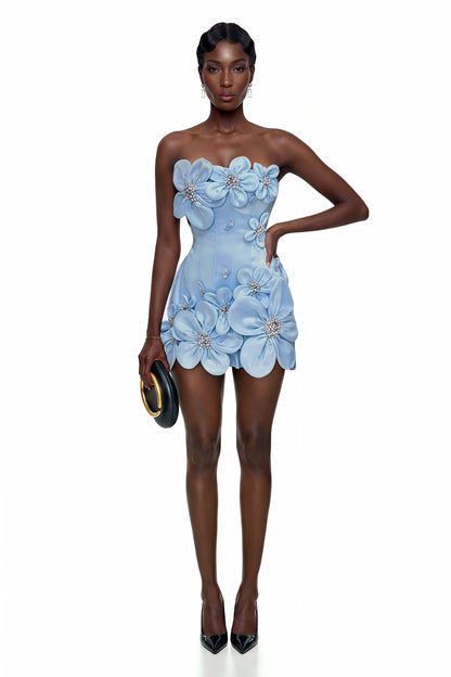 Widaad Blue Off Shoulder Mini Dress with 3D Petals