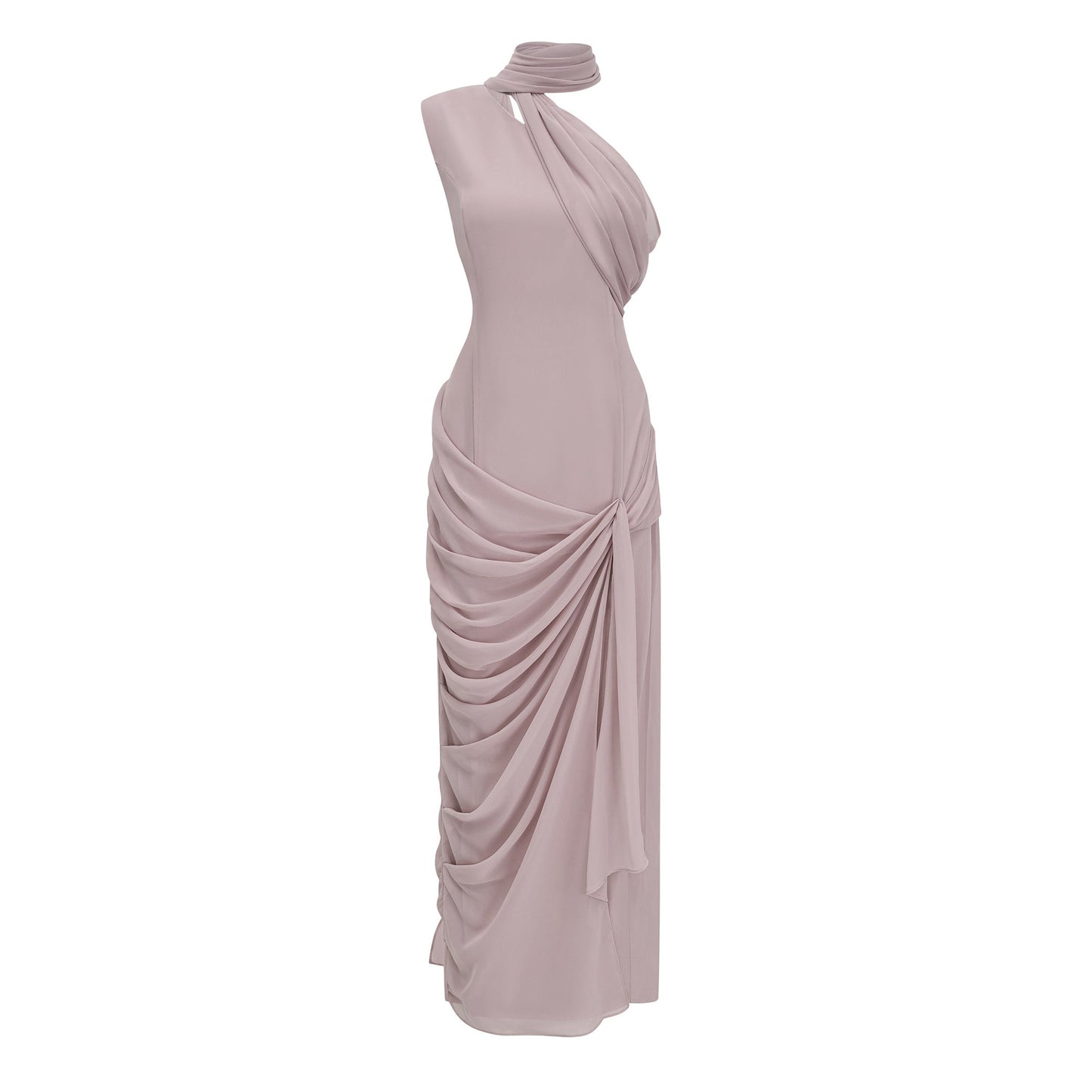 Wilhelmina Dusty Pink Asymmetrical Ruched Maxi Dress