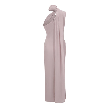 Wilhelmina Toz Pembe Asimetrik Dantelli Maxi Elbise