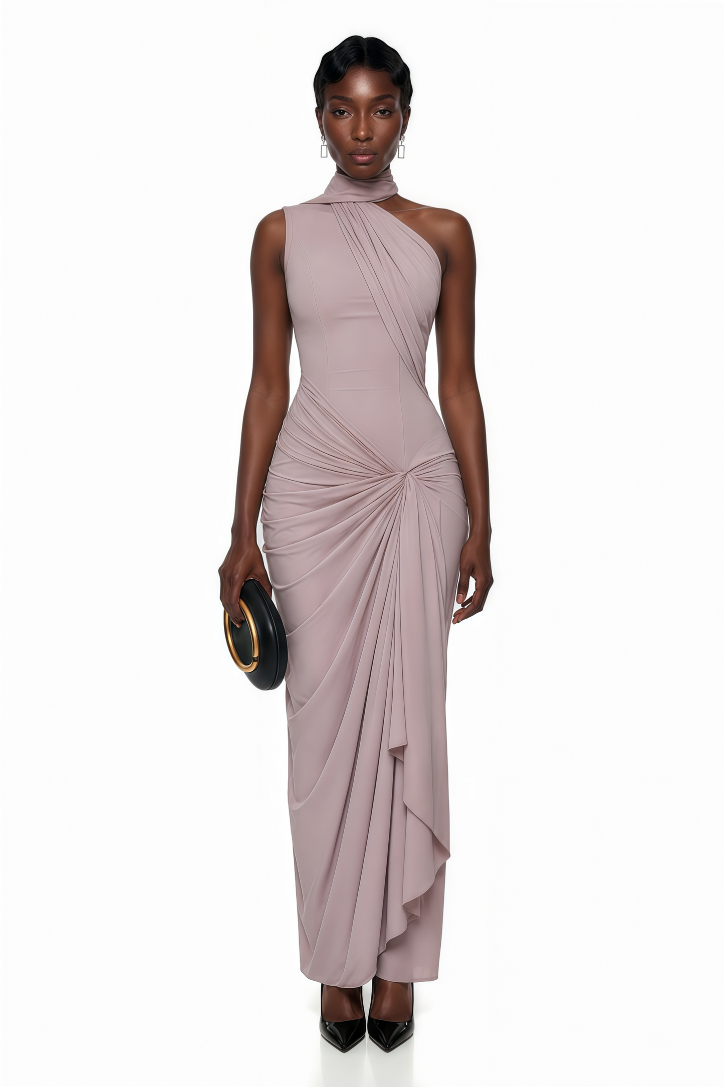 Wilhelmina Dusty Pink Asymmetrical Ruched Maxi Dress