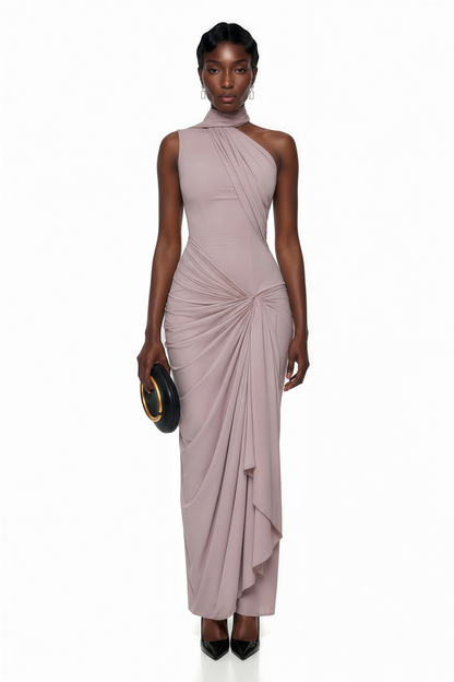 Wilhelmina Dusty Pink Asymmetrical Ruched Maxi Dress