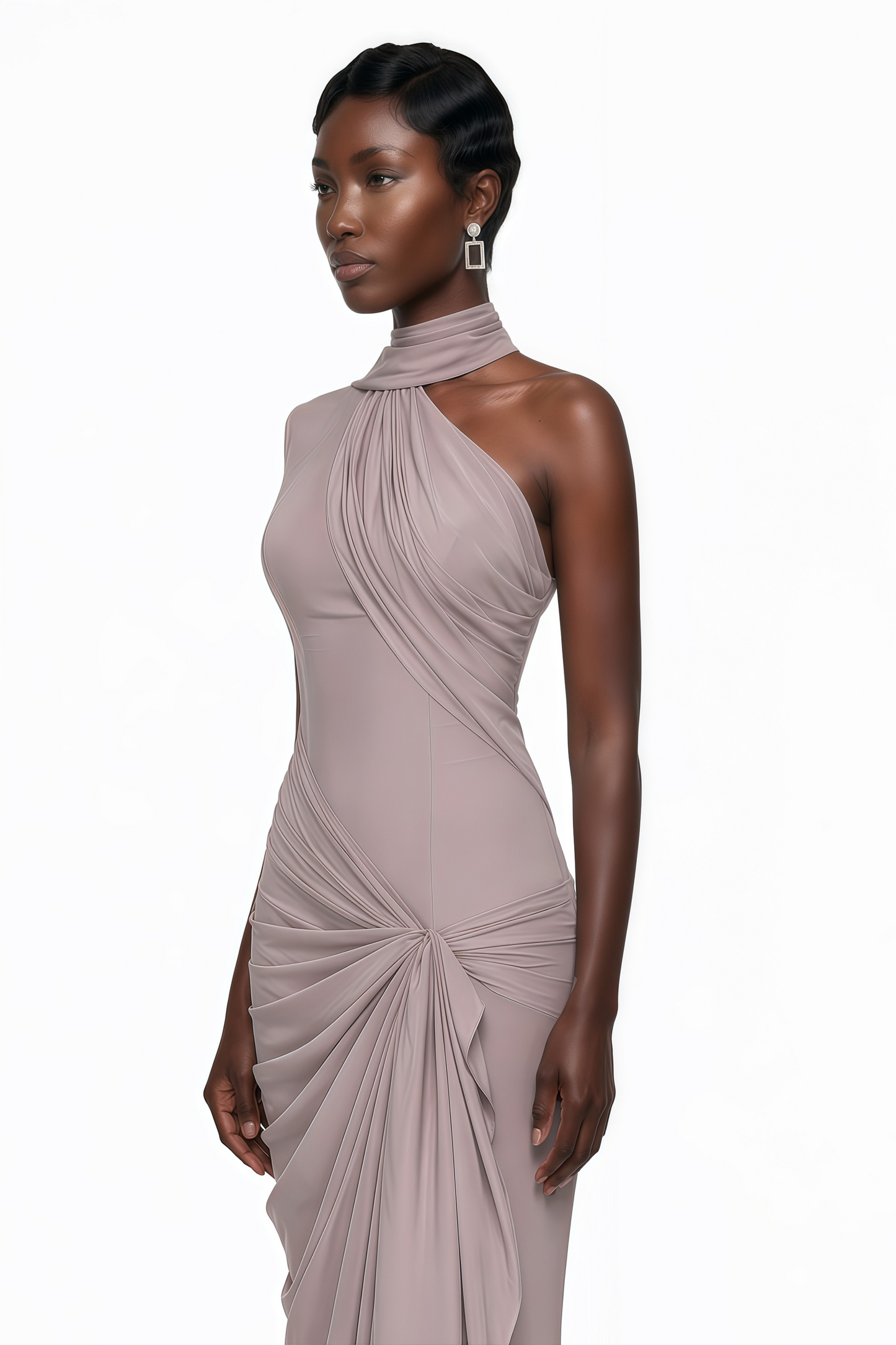 Wilhelmina Toz Pembe Asimetrik Dantelli Maxi Elbise