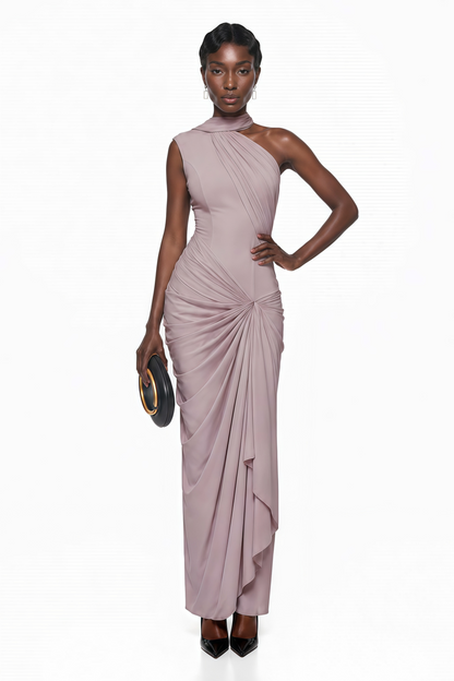 Wilhelmina Dusty Pink Asymmetrical Ruched Maxi Dress