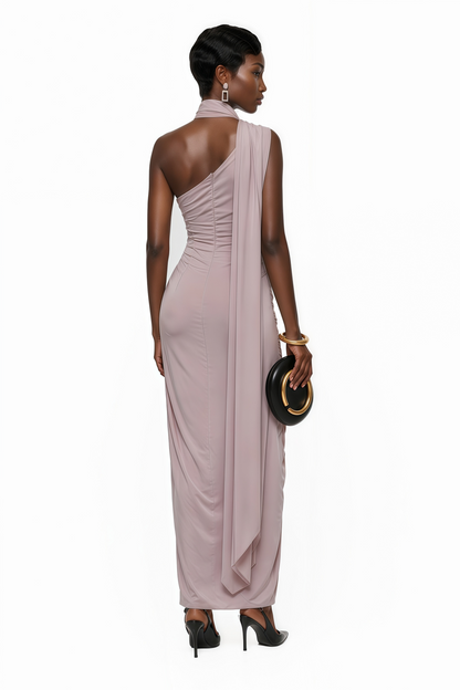 Wilhelmina Dusty Pink Asymmetrical Ruched Maxi Dress
