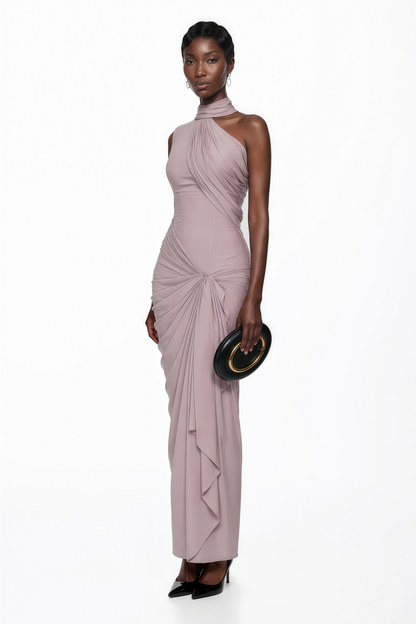 Wilhelmina Dusty Pink Asymmetrical Ruched Maxi Dress
