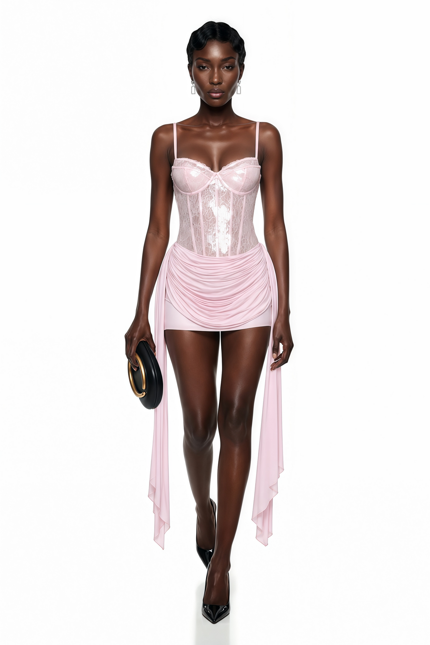 Wilhelmina Pink Ruched Mini Dress with Ribbon Detail