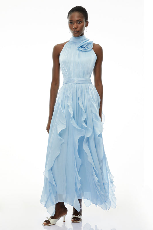 Willow Dusty Blue Halterneck Ruched Maxi Dress with 3D Florals