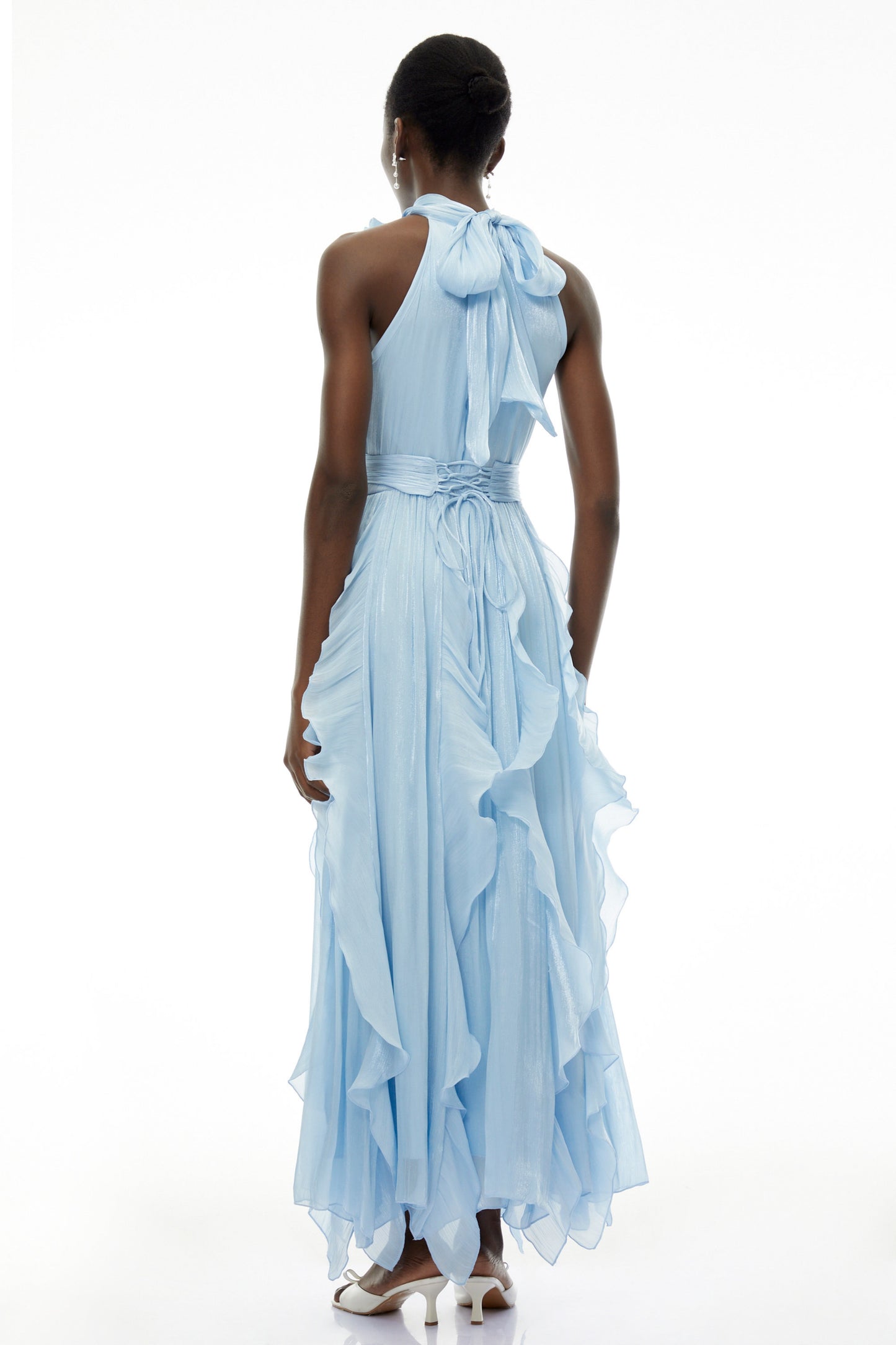 Willow Dusty Blue Halterneck Ruched Maxi Dress with 3D Florals