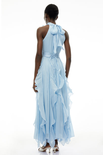 Willow Dusty Blue Halterneck Ruched Maxi Dress with 3D Florals