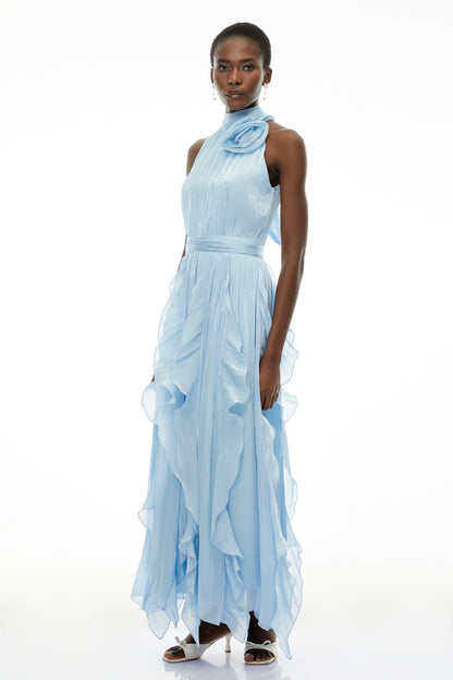 Willow Dusty Blue Halterneck Ruched Maxi Dress with 3D Florals