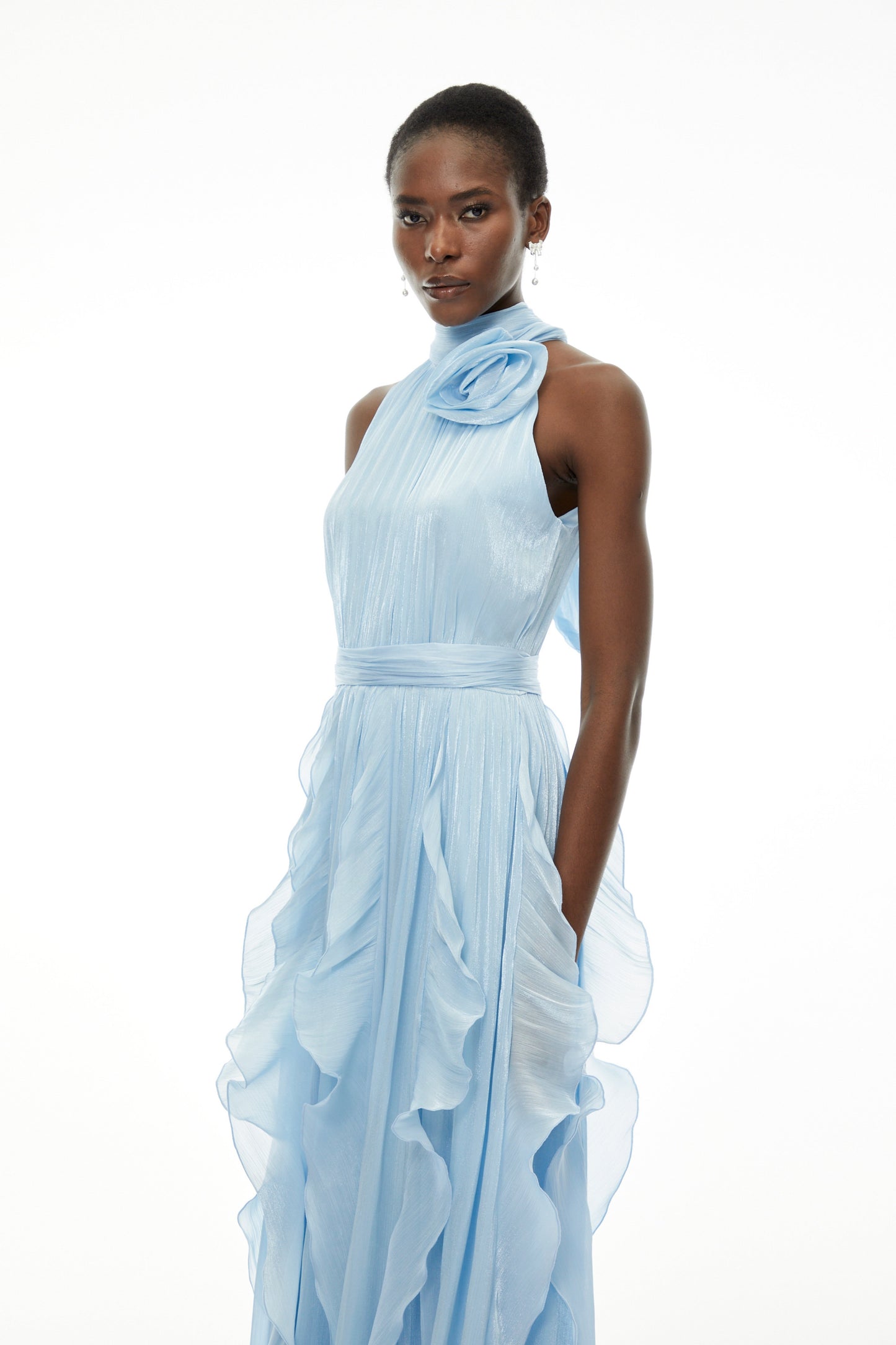 Willow Dusty Blue Halterneck Ruched Maxi Dress with 3D Florals