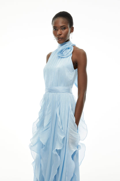 Willow Dusty Blue Halterneck Ruched Maxi Dress with 3D Florals