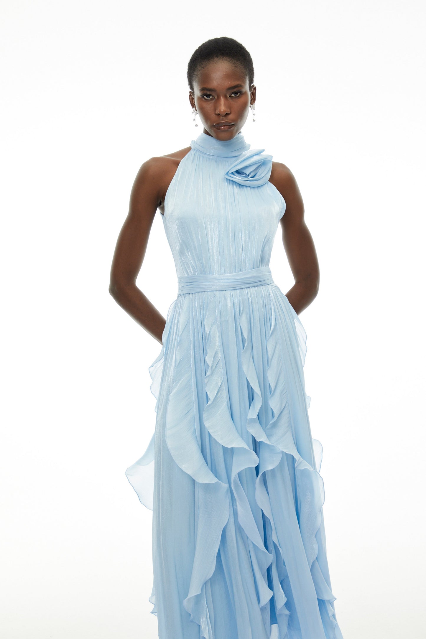 Willow Dusty Blue Halterneck Ruched Maxi Dress with 3D Florals