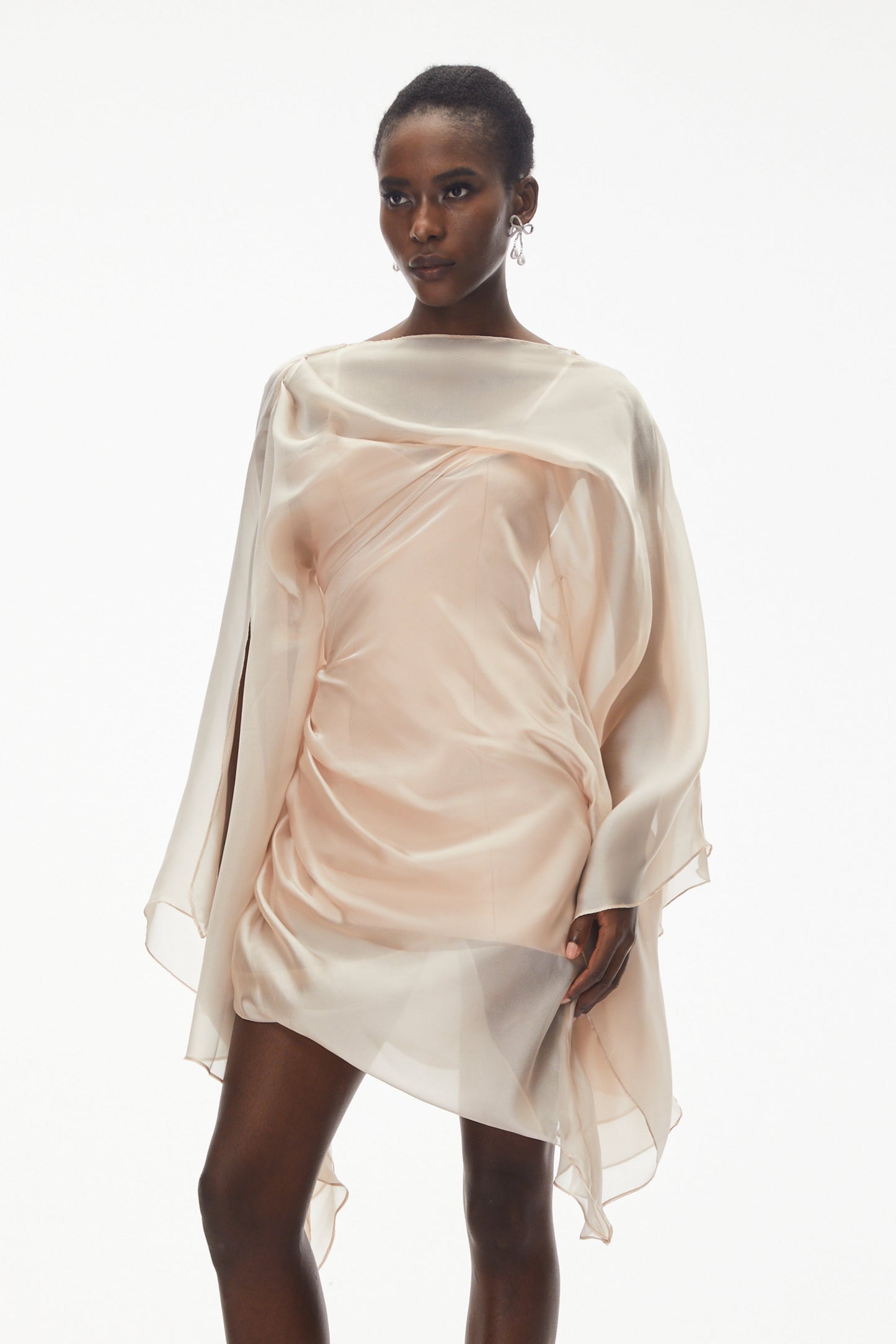 Willow Pink Asymmetrical Ruched Mesh Mini Dress