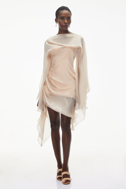 Willow Pink Asymmetrical Ruched Mesh Mini Dress
