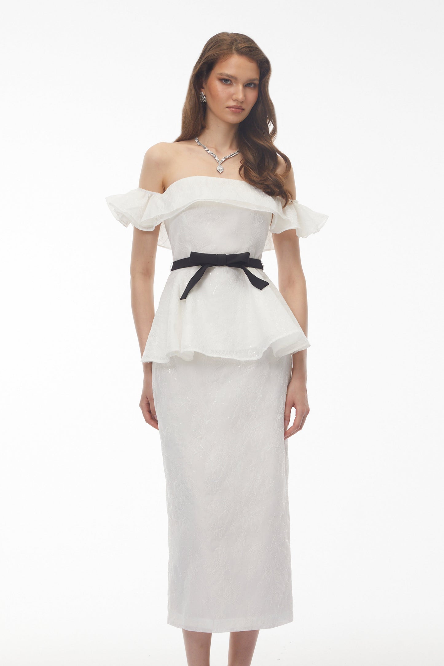 Willow White Off Shoulder Lace Top & Midi Skirt Set
