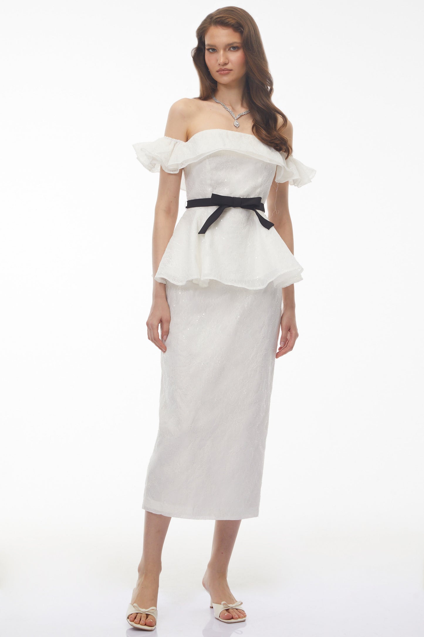 Willow White Off Shoulder Lace Top & Midi Skirt Set