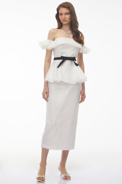Willow White Off Shoulder Lace Top & Midi Skirt Set