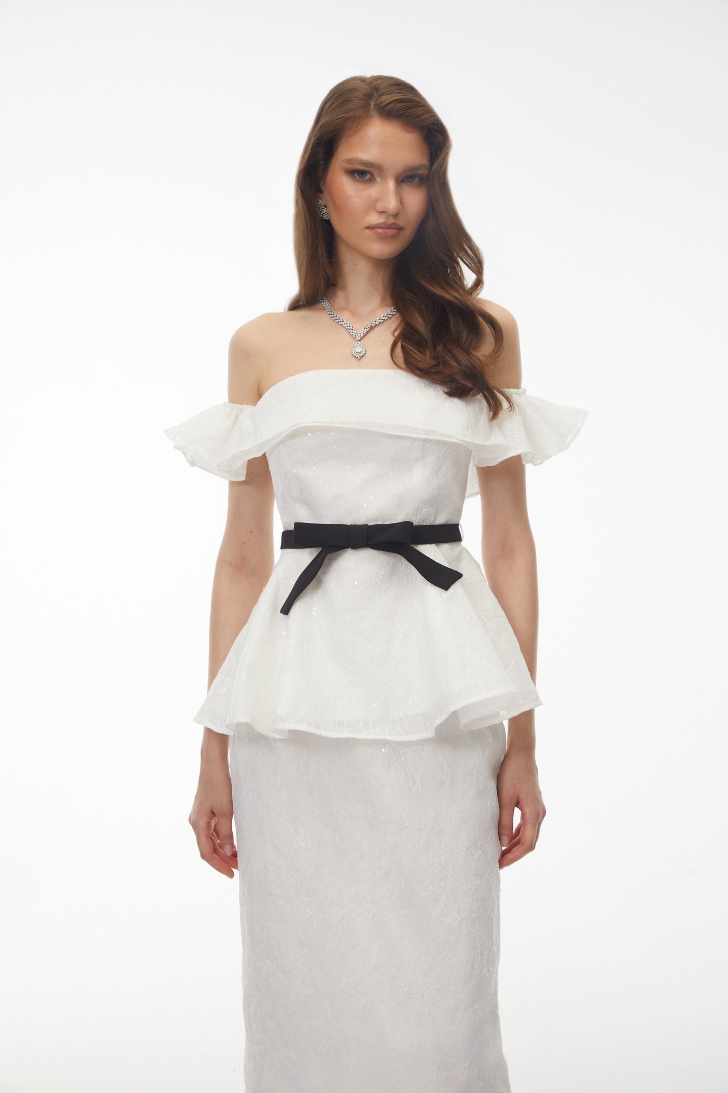 Willow White Off Shoulder Lace Top & Midi Skirt Set
