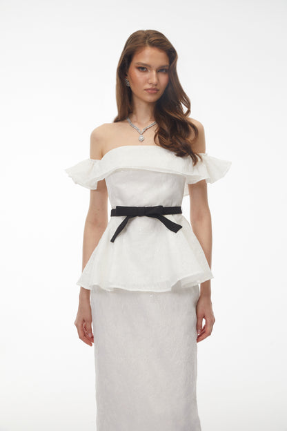 Willow White Off Shoulder Lace Top & Midi Skirt Set