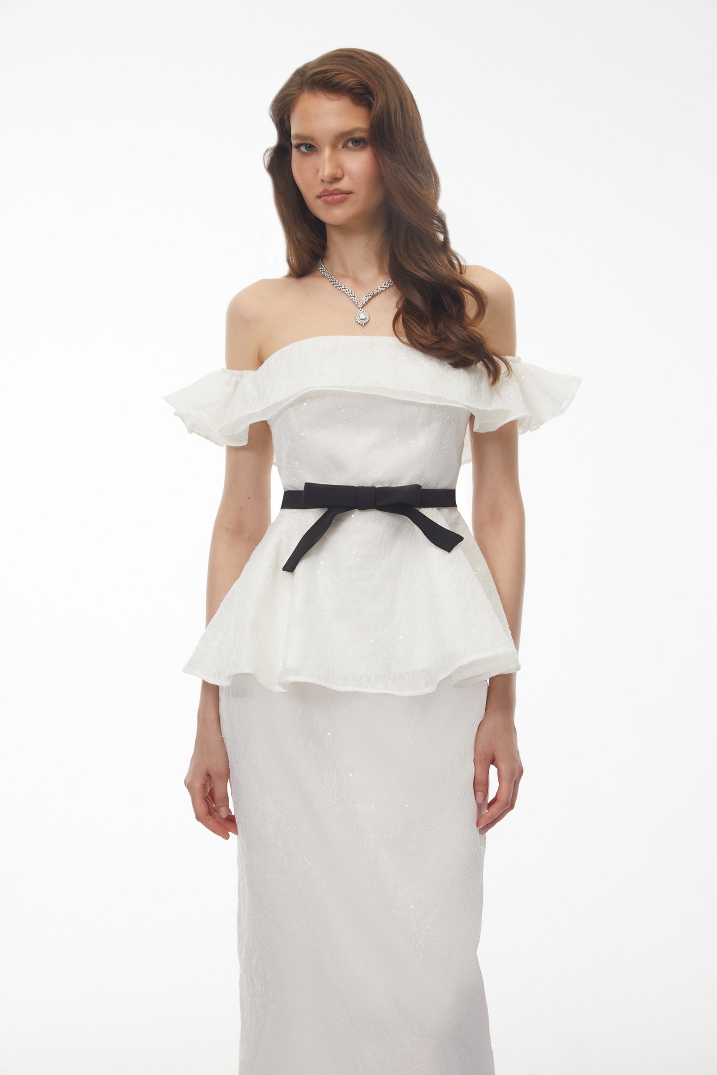 Willow White Off Shoulder Lace Top & Midi Skirt Set