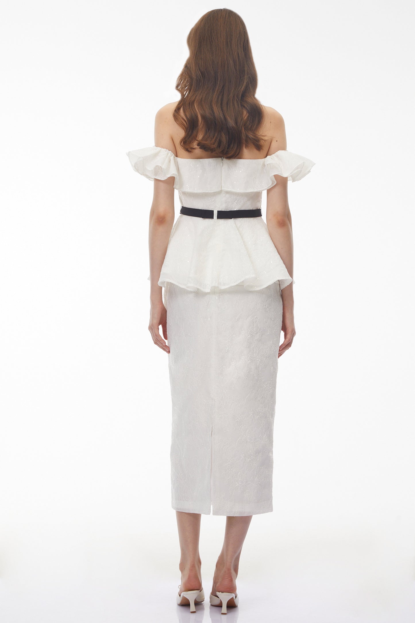 Willow White Off Shoulder Lace Top & Midi Skirt Set