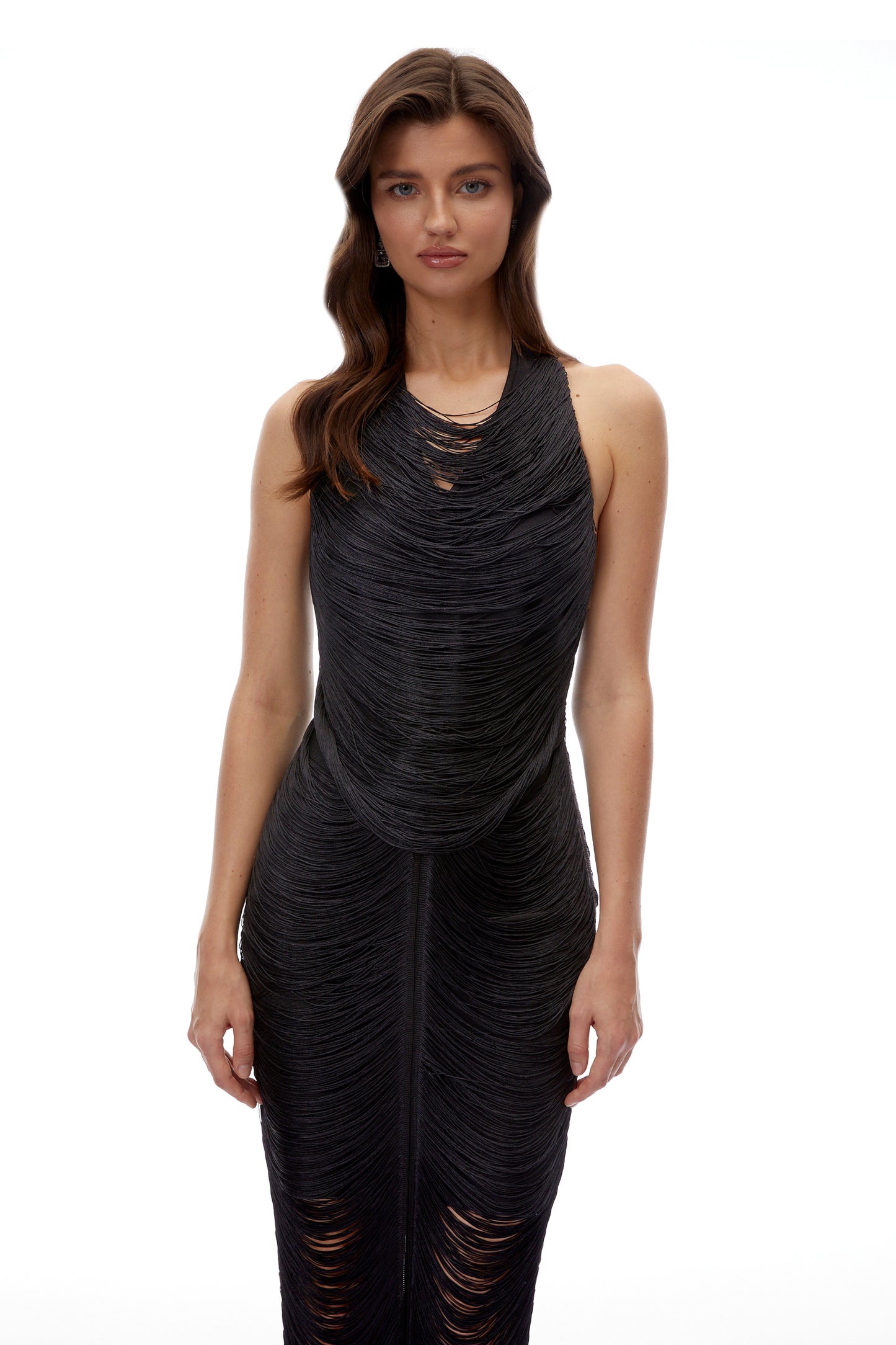 Wilma Black Halterneck Fringe Maxi Dress