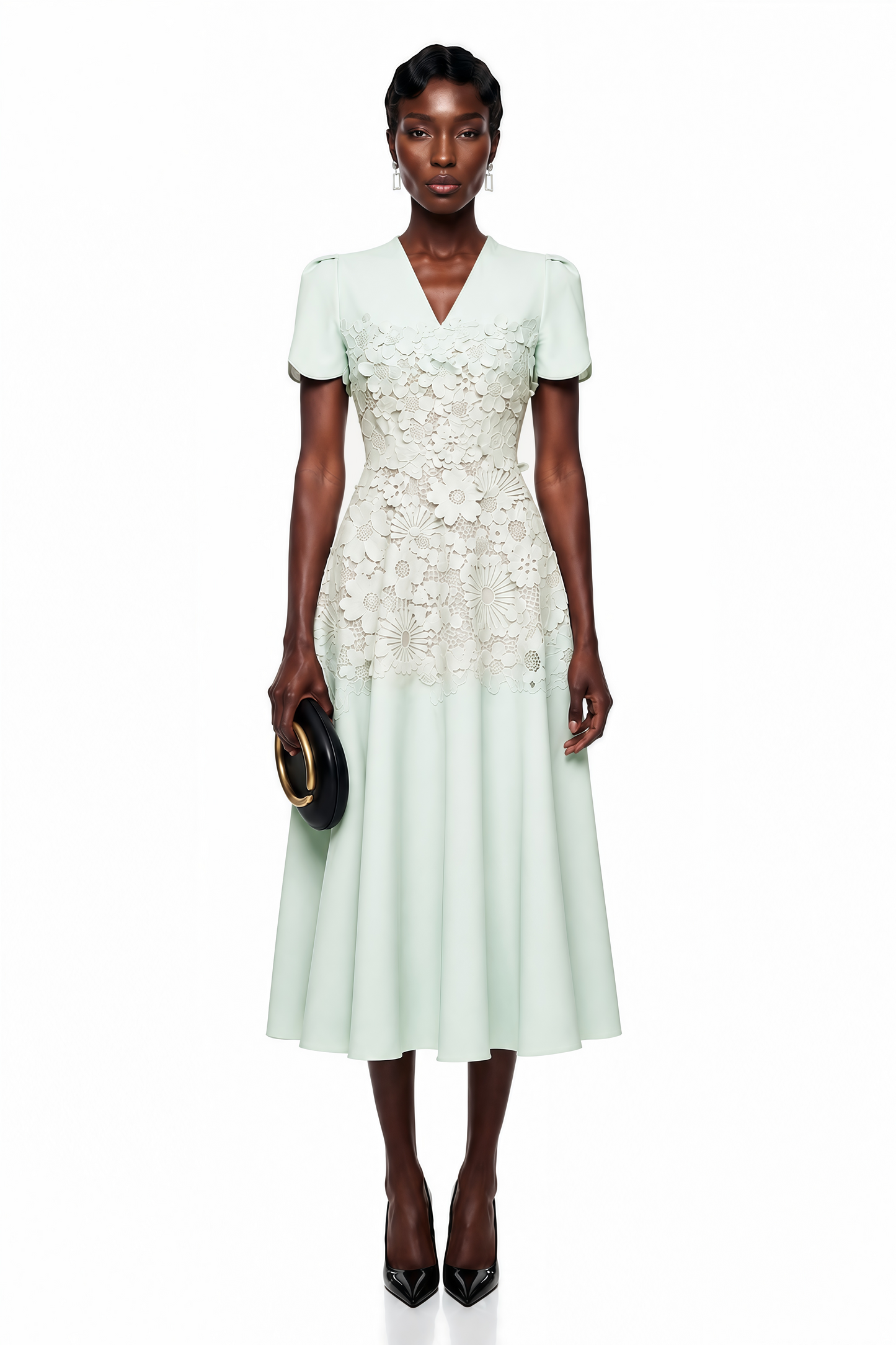 Winifred Mint Green V-Neck Midi Dress with Puff Sleeves