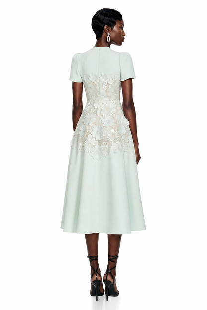 Winifred Mint Green V-Neck Midi Dress with Puff Sleeves