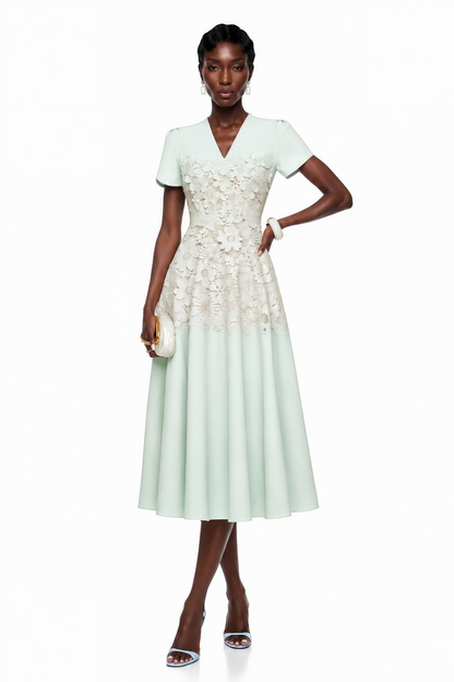 Winifred Mint Green V-Neck Midi Dress with Puff Sleeves