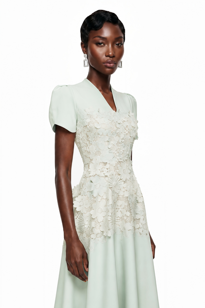 Winifred Mint Green V-Neck Midi Dress with Puff Sleeves