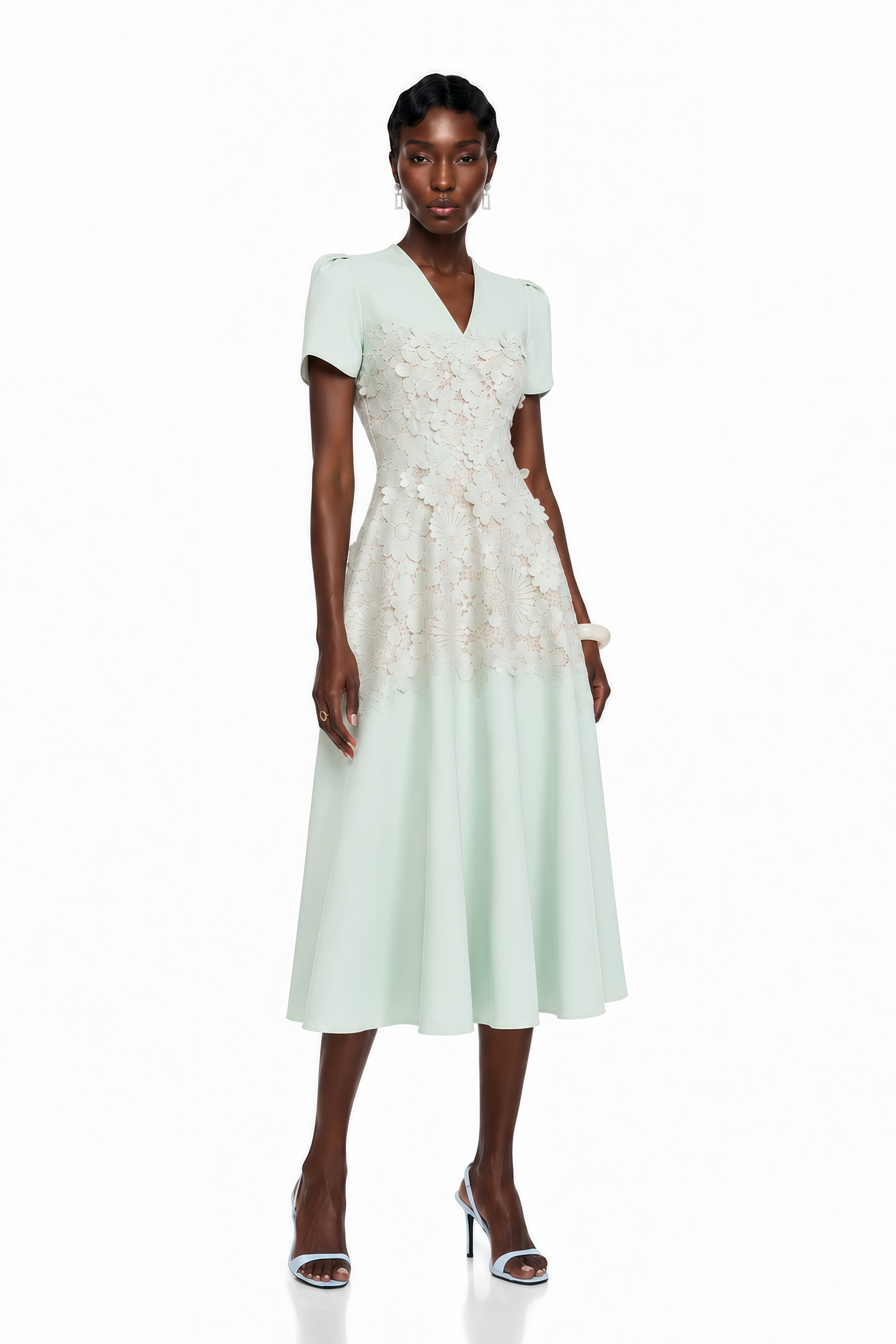 Winifred Mint Green V-Neck Midi Dress with Puff Sleeves