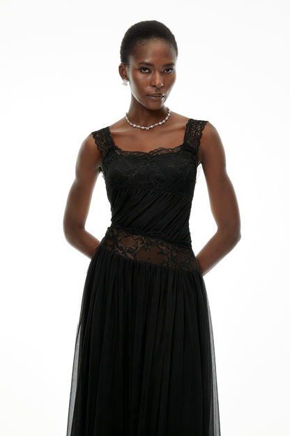 Wolfgang Black Pleated Maxi Dress with Lace Panels