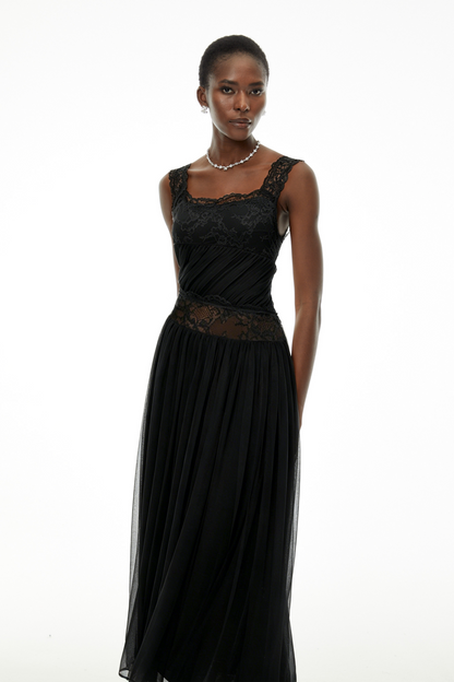 Wolfgang Black Pleated Maxi Dress with Lace Panels