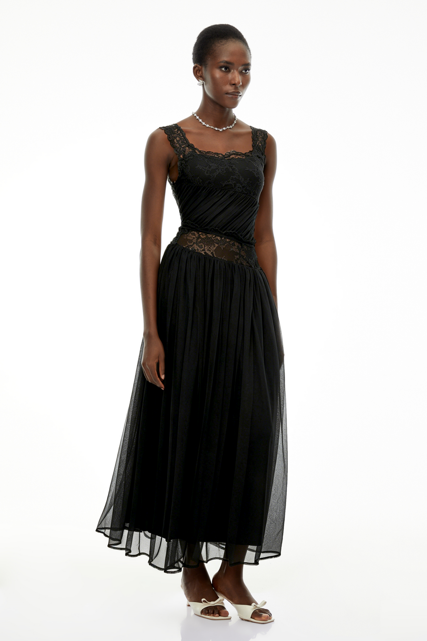 Wolfgang Black Pleated Maxi Dress with Lace Panels