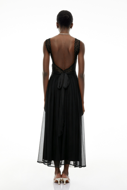 Wolfgang Black Pleated Maxi Dress with Lace Panels