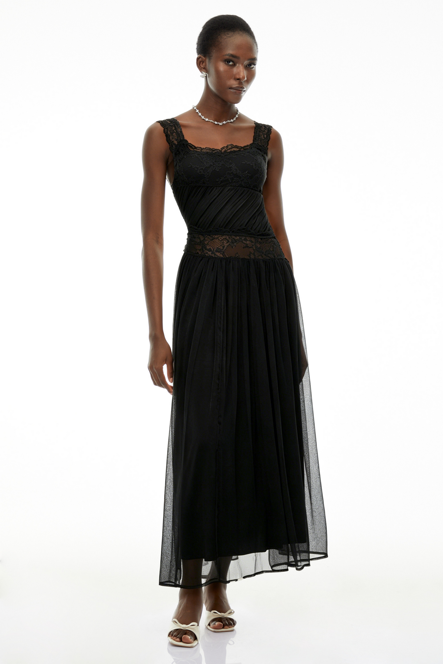 Wolfgang Black Pleated Maxi Dress with Lace Panels