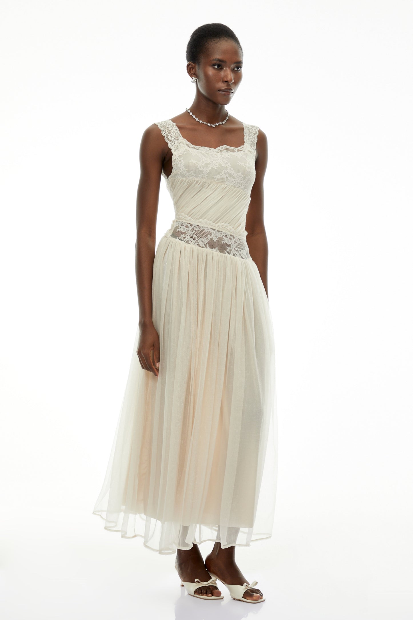 Wolfgang White Pleated Maxi Dress with Lace Panels