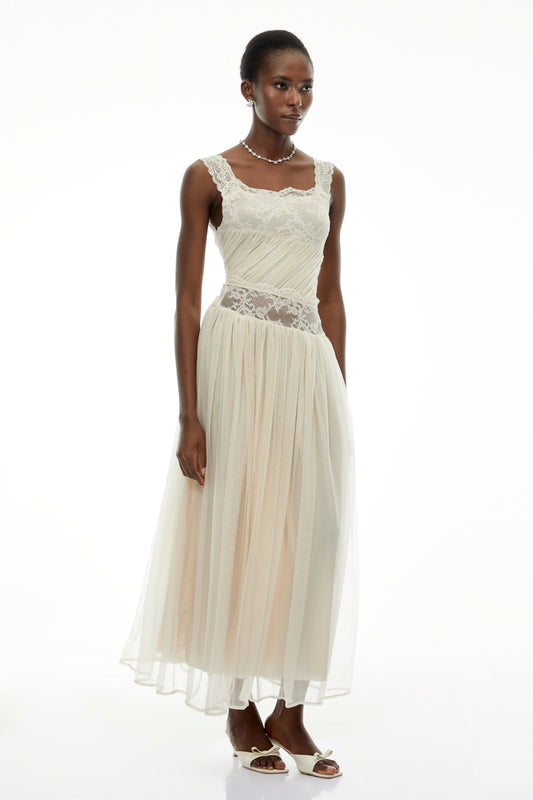 Wolfgang White Pleated Maxi Dress with Lace Panels