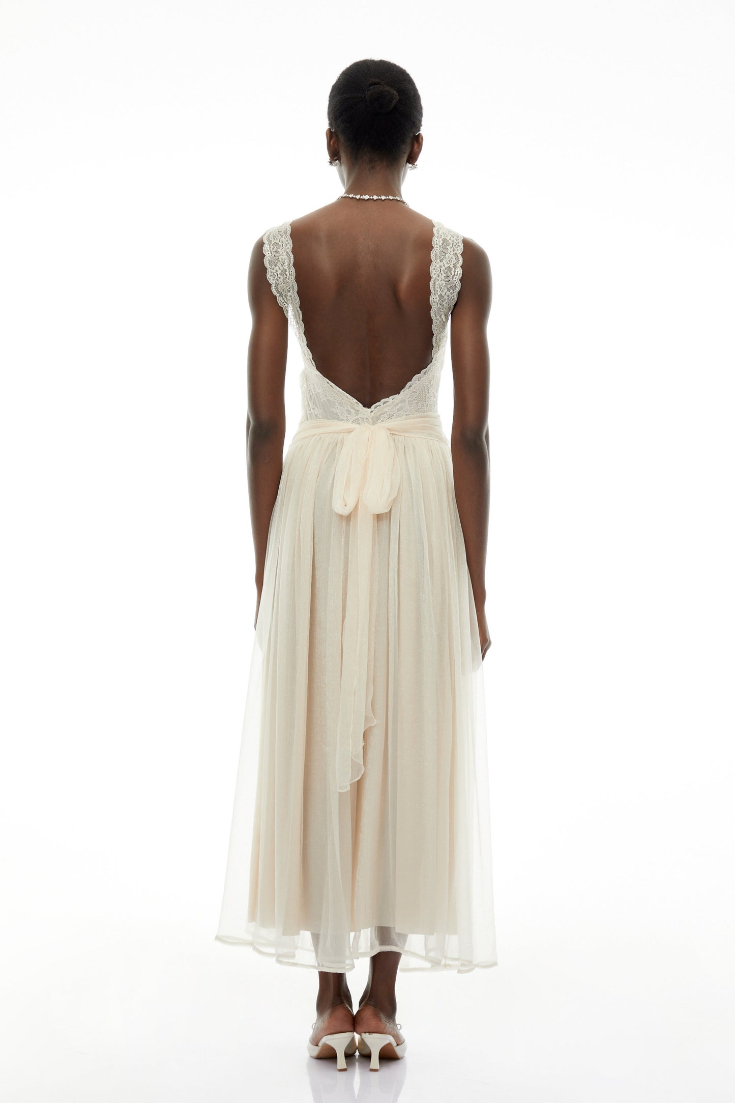 Wolfgang White Pleated Maxi Dress with Lace Panels