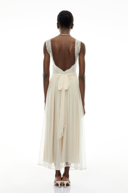 Wolfgang White Pleated Maxi Dress with Lace Panels