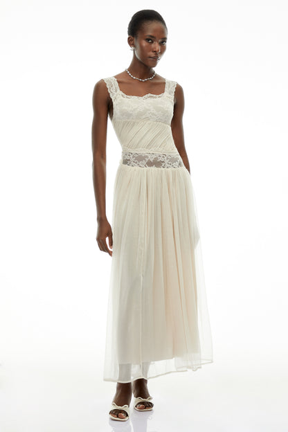 Wolfgang White Pleated Maxi Dress with Lace Panels