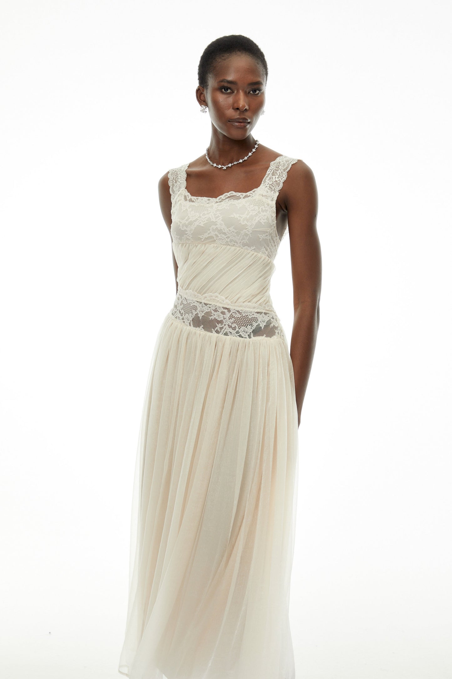 Wolfgang White Pleated Maxi Dress with Lace Panels